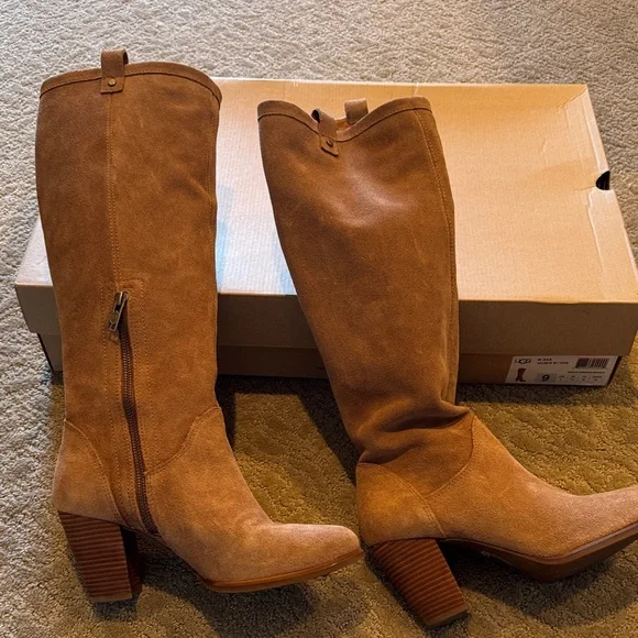 UGG Ava Tall Water Resistant Suede Heeled Boots — Chestnut - Picture 6 of 10